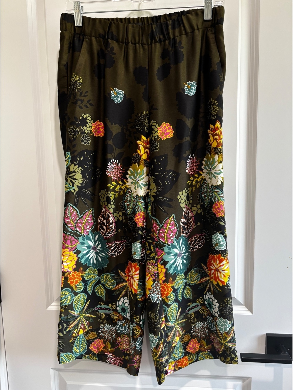 LOFT Coral Springs Wide Leg Pants Olive Floral Botanical Print Sz Petite XS